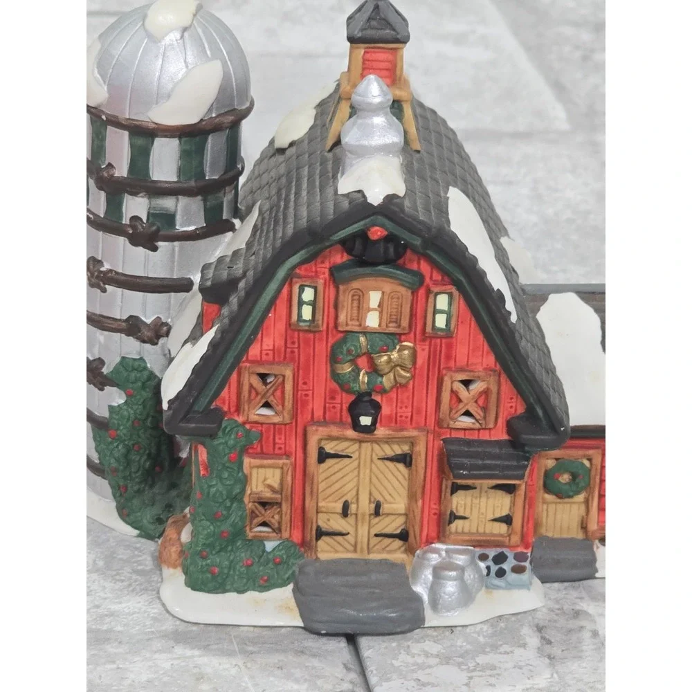 O'Well China Red Barn Silo Christmas Village House 1997 w/ white brick house‎